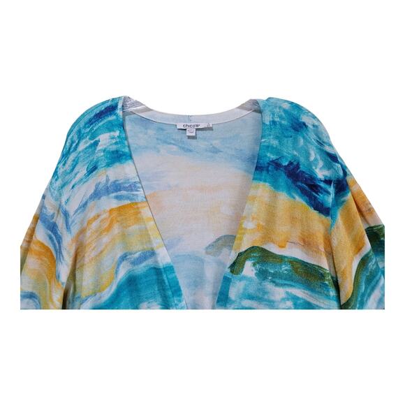 CHICO'S 4 Women's XXL Cardigan Sweater Ocean Watercolor Open Turquoise Bust 46" - Picture 2 of 8